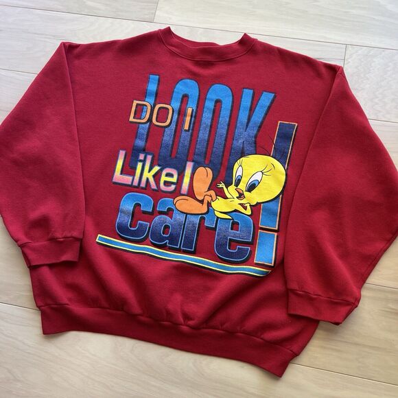 Vintage Tweety Bird Sweatshirt XL Red Fleece Pullover - Picture 7 of 7